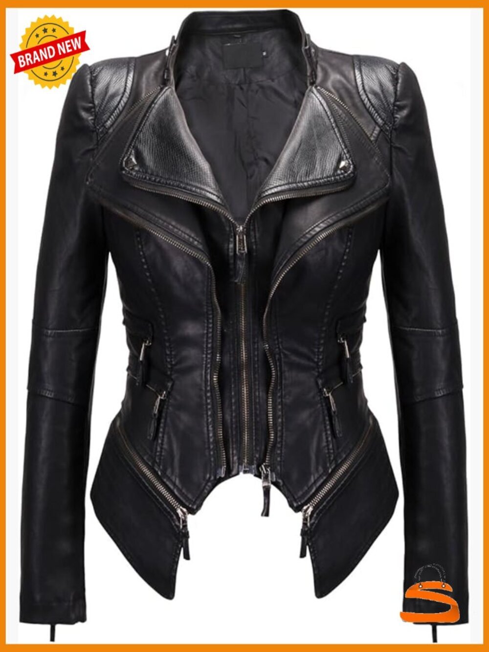 Faux Leather Biker Jacket with Studs Slim Fit Long Sleeve Moto Style